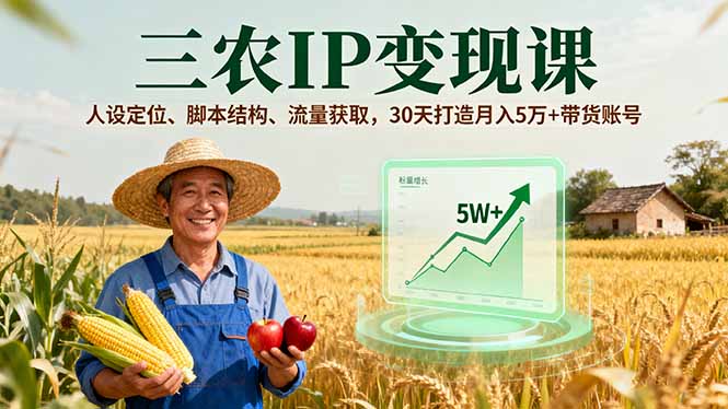 三农IP变现课，人设定位、脚本结构、流量获取，30天打造月入5万+带货账号-知富路